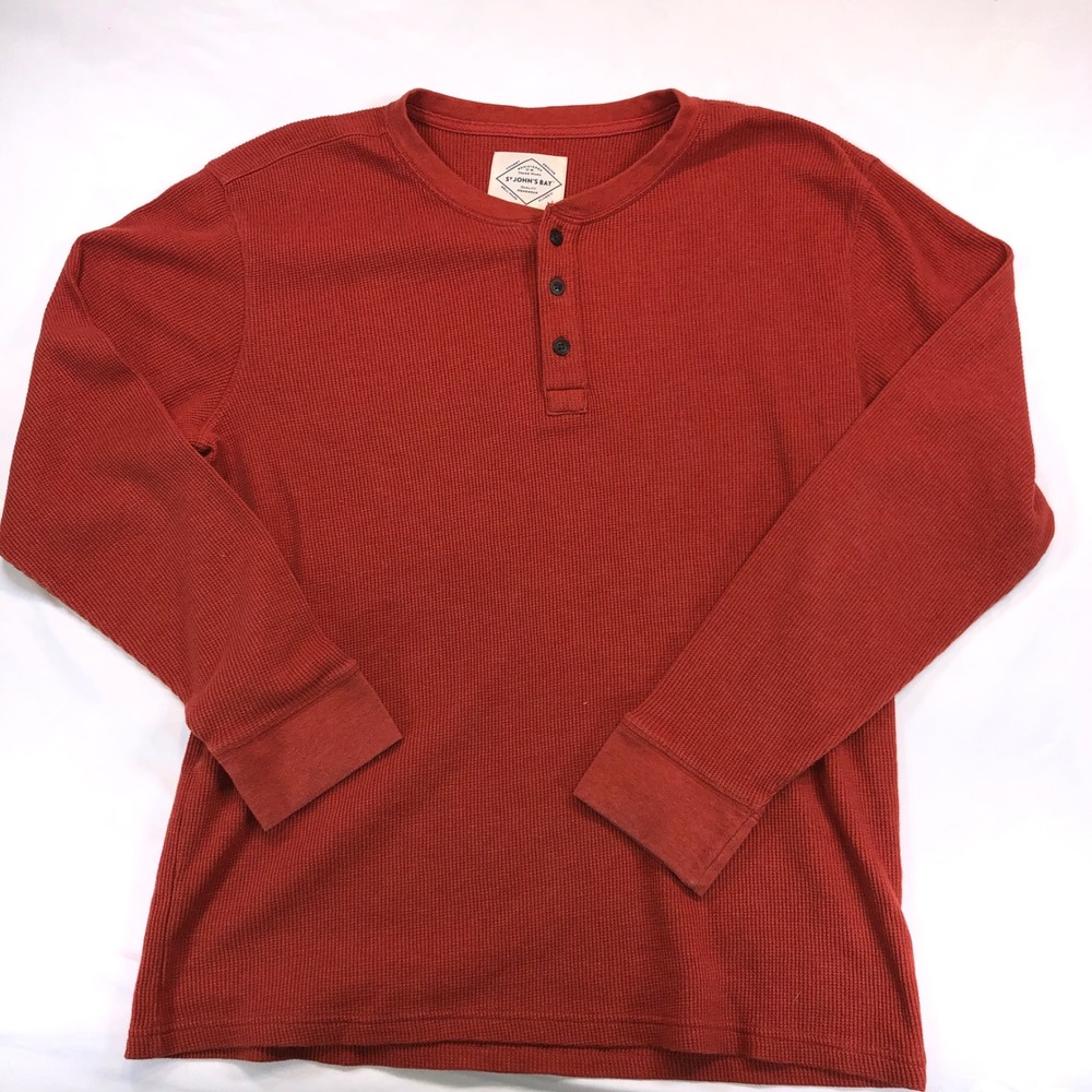 St. Johns Bay Mens XL Red Waffle Knit Henley Long Sleeve Shirt RN 93677